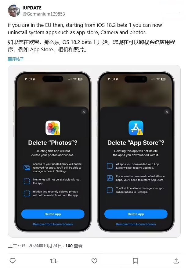 龙州苹果手机维修分享iOS 18.2 支持删除 App Store 应用商店 