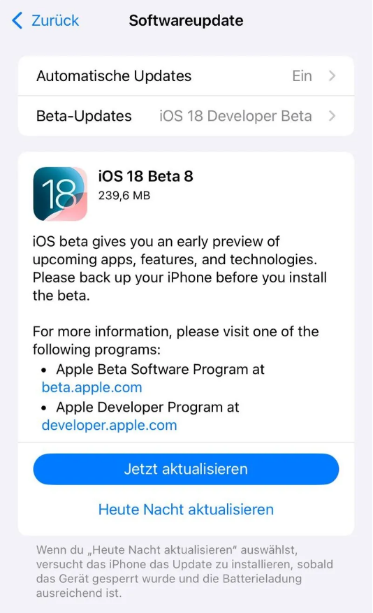 龙州苹果手机维修分享苹果 iOS / iPadOS 18 开发者预览版 Beta 8 发布 